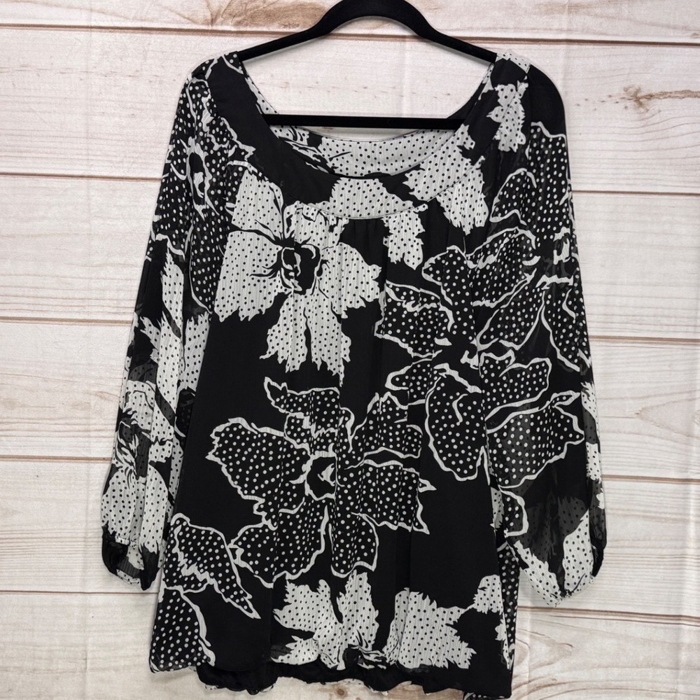 Cato Blouse Woman 22/24W Black White Excellent Floral Polka Dot Sheer Top